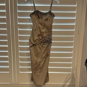 VINTAGE Mandalay (2007) Beaded and Lace Midi Dress in Tan